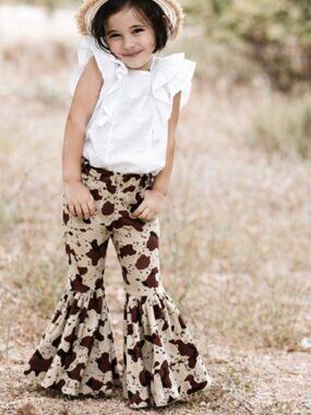 Cow Print Farm Kids Flared Bottoms - Brown and Cream 5T